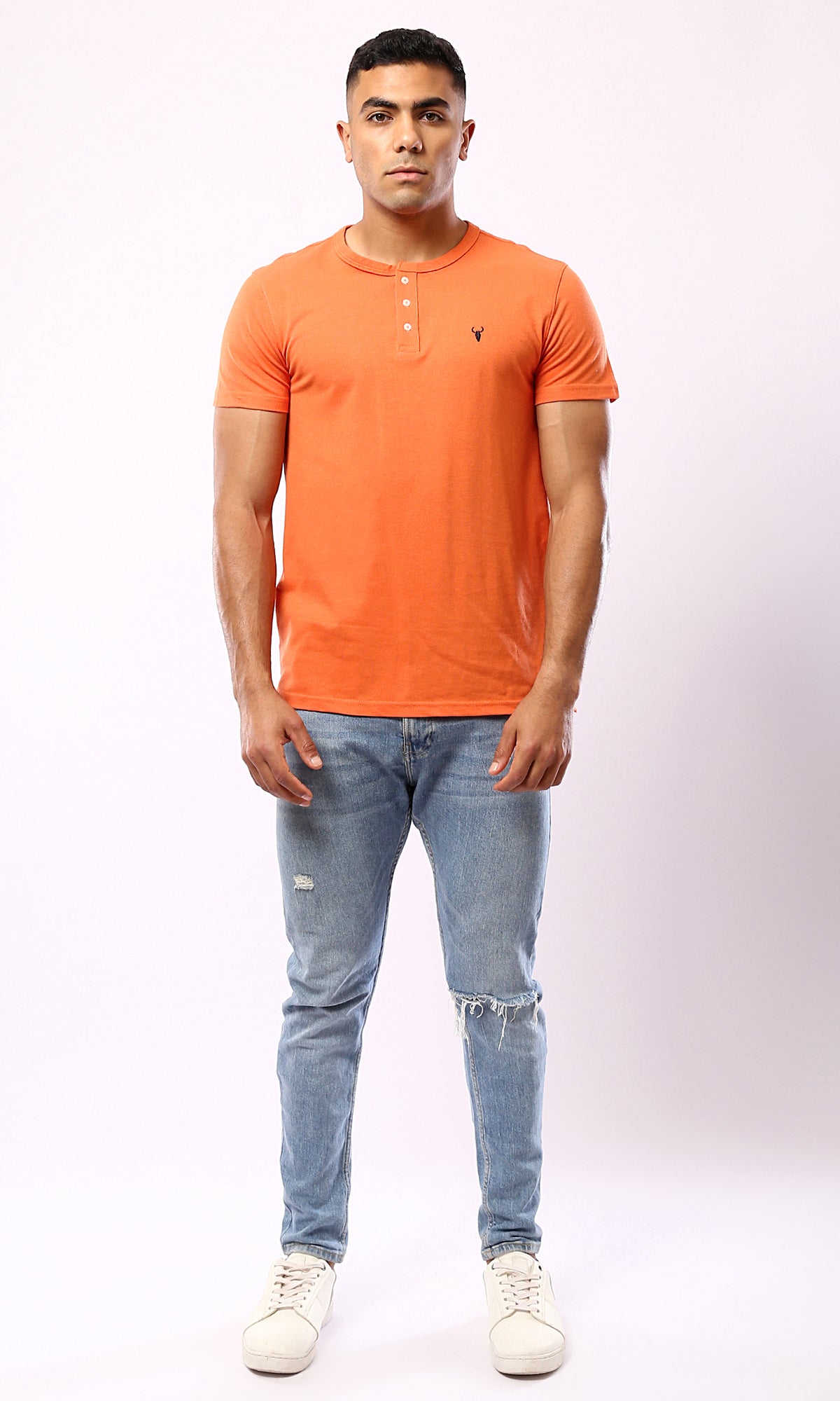 O180633 Short Sleeves Buttoned Orange Henley Shirt