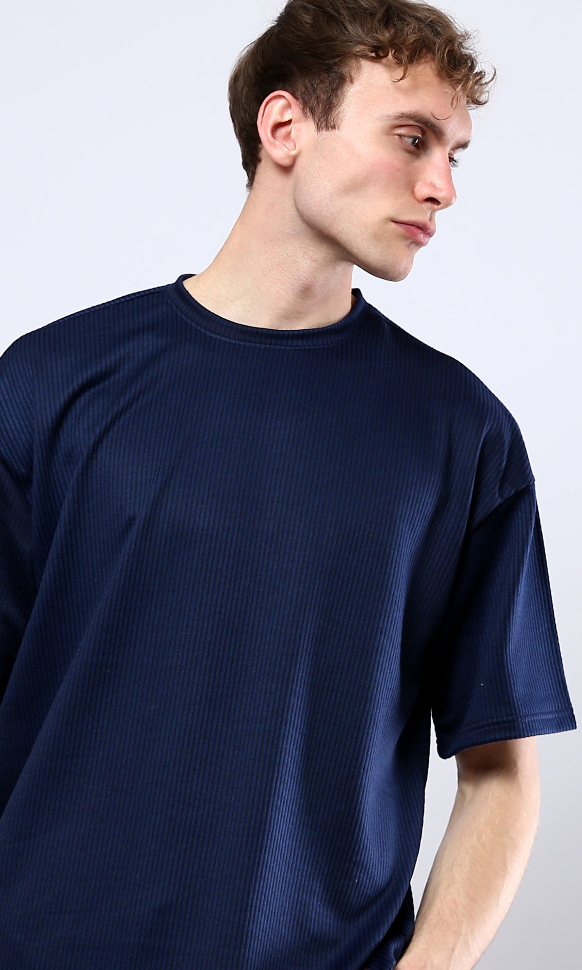 O180760 Short Sleeves All-Over Ribbed Navy Blue Tee