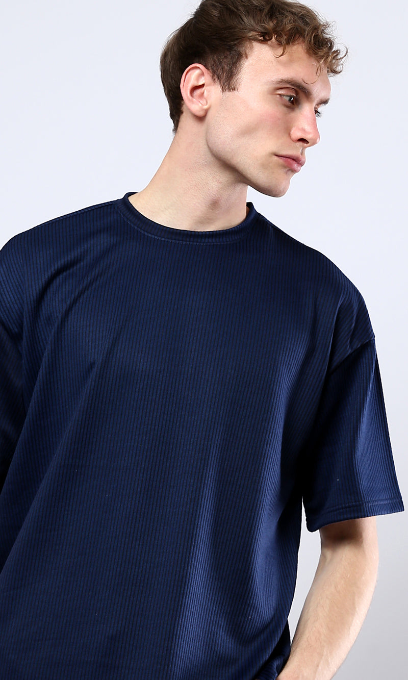 O180760 Short Sleeves All-Over Ribbed Navy Blue Tee
