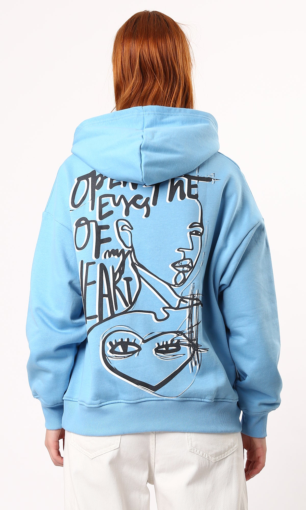 O180770 Sky Blue Loose Hoodie With Front & Back Print
