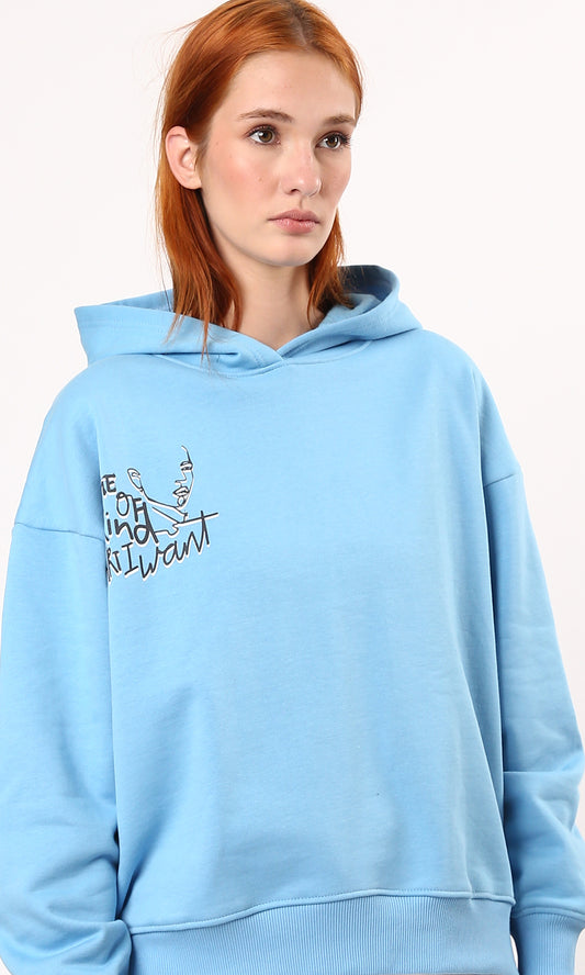 O180770 Sky Blue Loose Hoodie With Front & Back Print