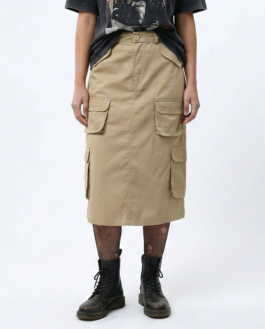 Khaki Multi-Pocket Utility Cargo Midi Skirt - O180808