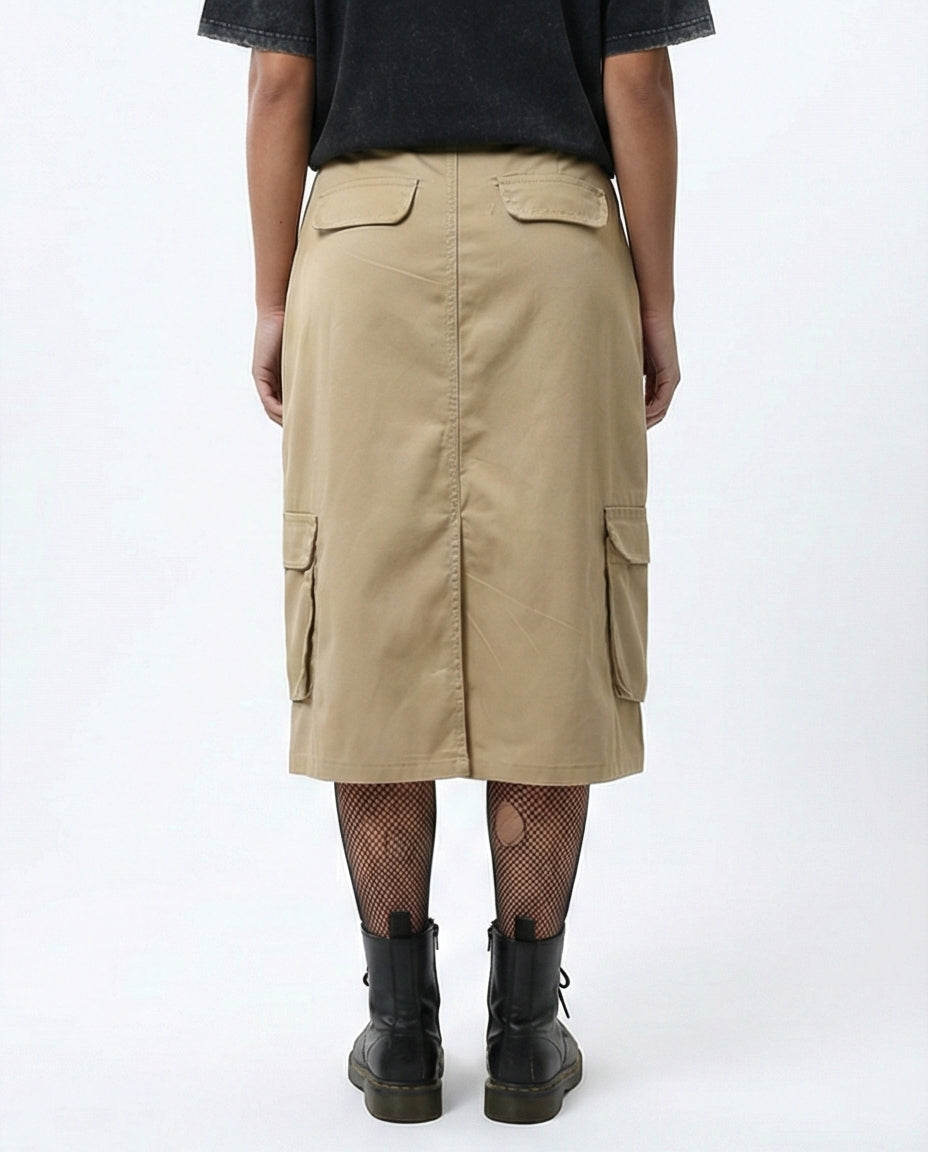 Khaki Multi-Pocket Utility Cargo Midi Skirt - O180808