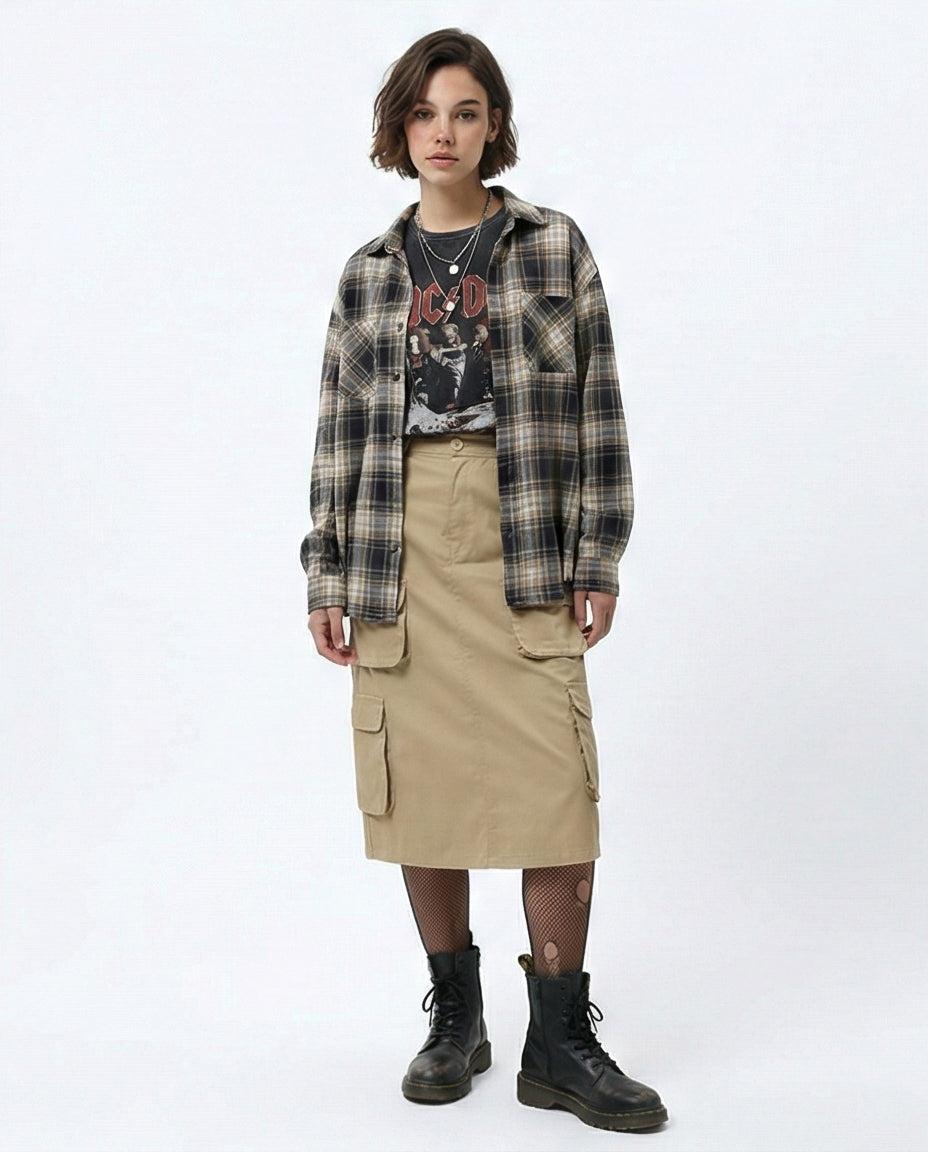 Khaki Multi-Pocket Utility Cargo Midi Skirt - O180808