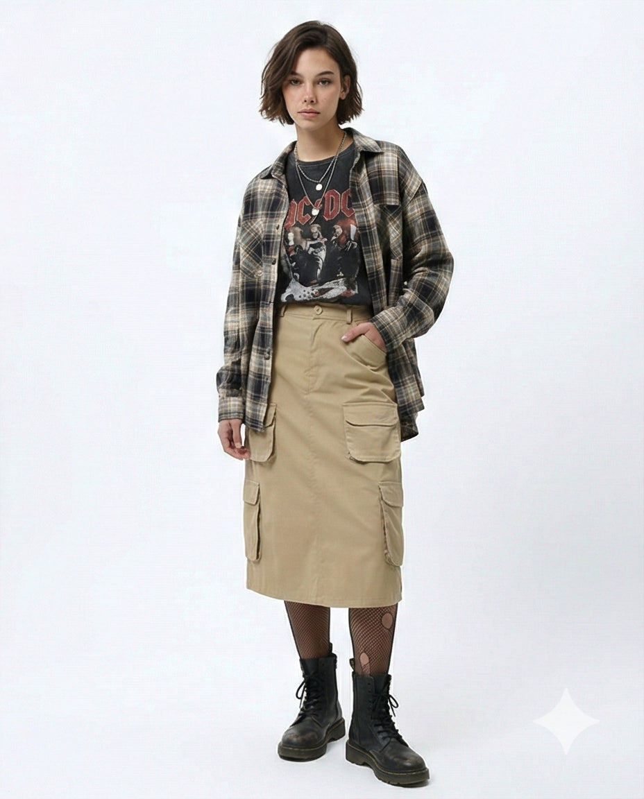 Khaki Multi-Pocket Utility Cargo Midi Skirt - O180808