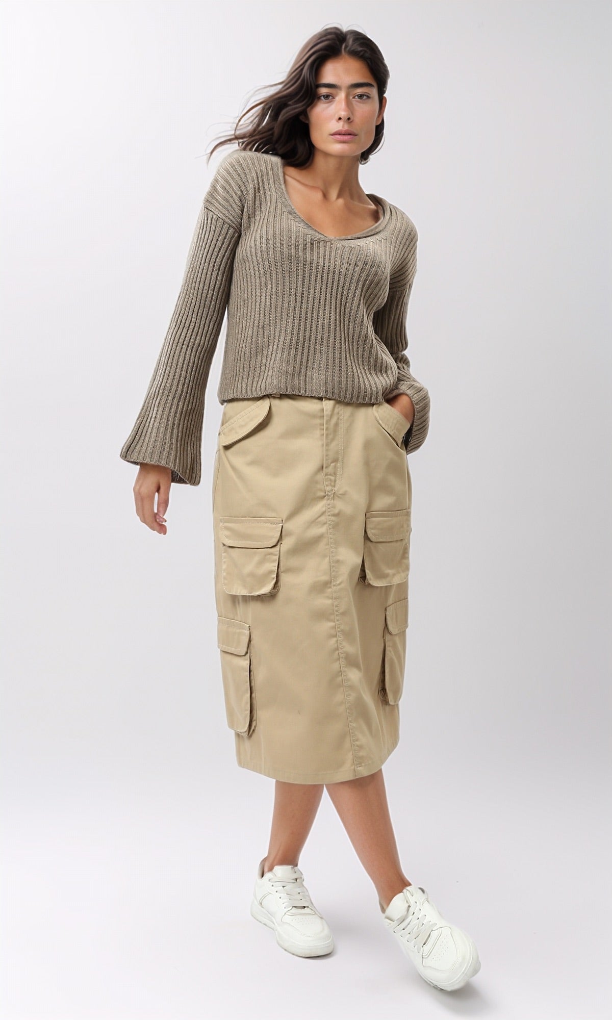 Khaki Multi-Pocket Utility Cargo Midi Skirt - O180808