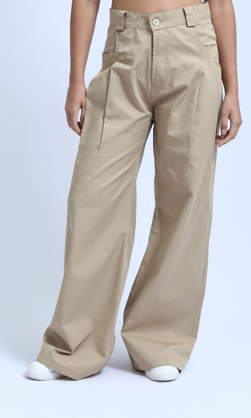 O180810 - Casual Wide Leg Pants with Two Buttons - Beige