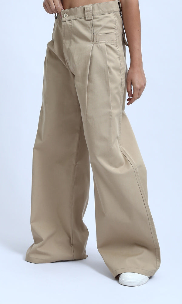 O180810 - Casual Wide Leg Pants with Two Buttons - Beige
