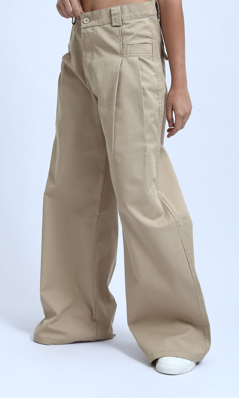 O180810 - Casual Wide Leg Pants with Two Buttons - Beige