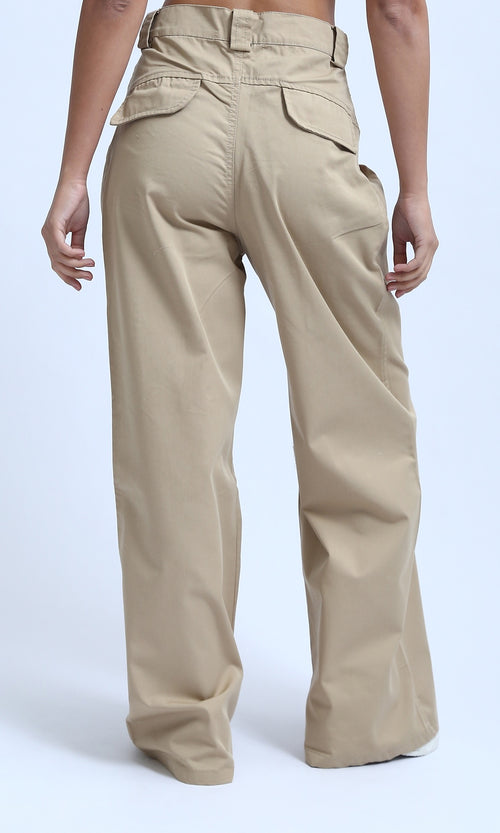 O180810 - Casual Wide Leg Pants with Two Buttons - Beige