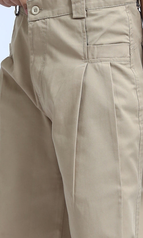 O180810 - Casual Wide Leg Pants with Two Buttons - Beige