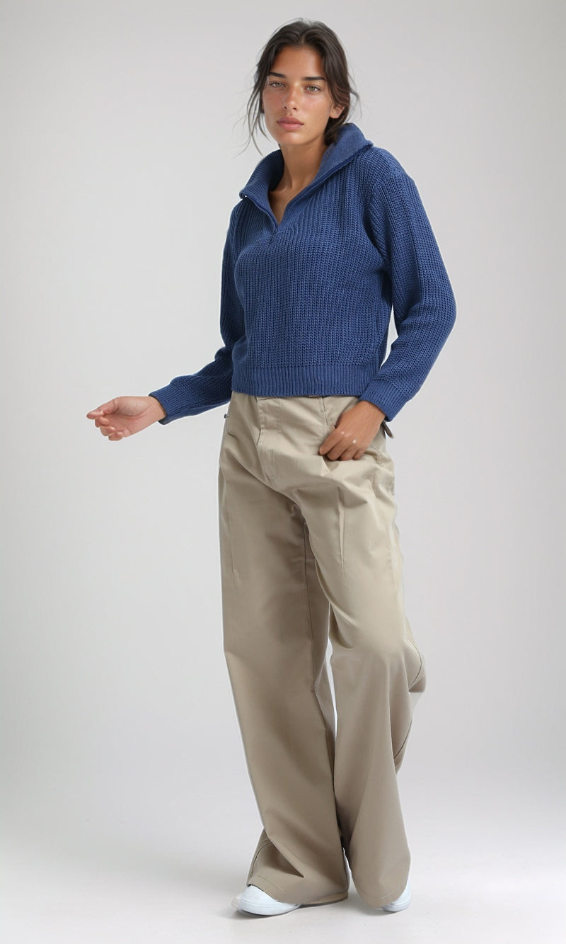O180810 - Casual Wide Leg Pants with Two Buttons - Beige