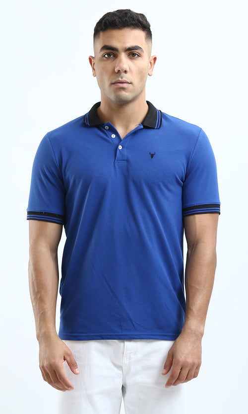O180820 Buttoned Neck Dark Blue Casual Polo Shirt