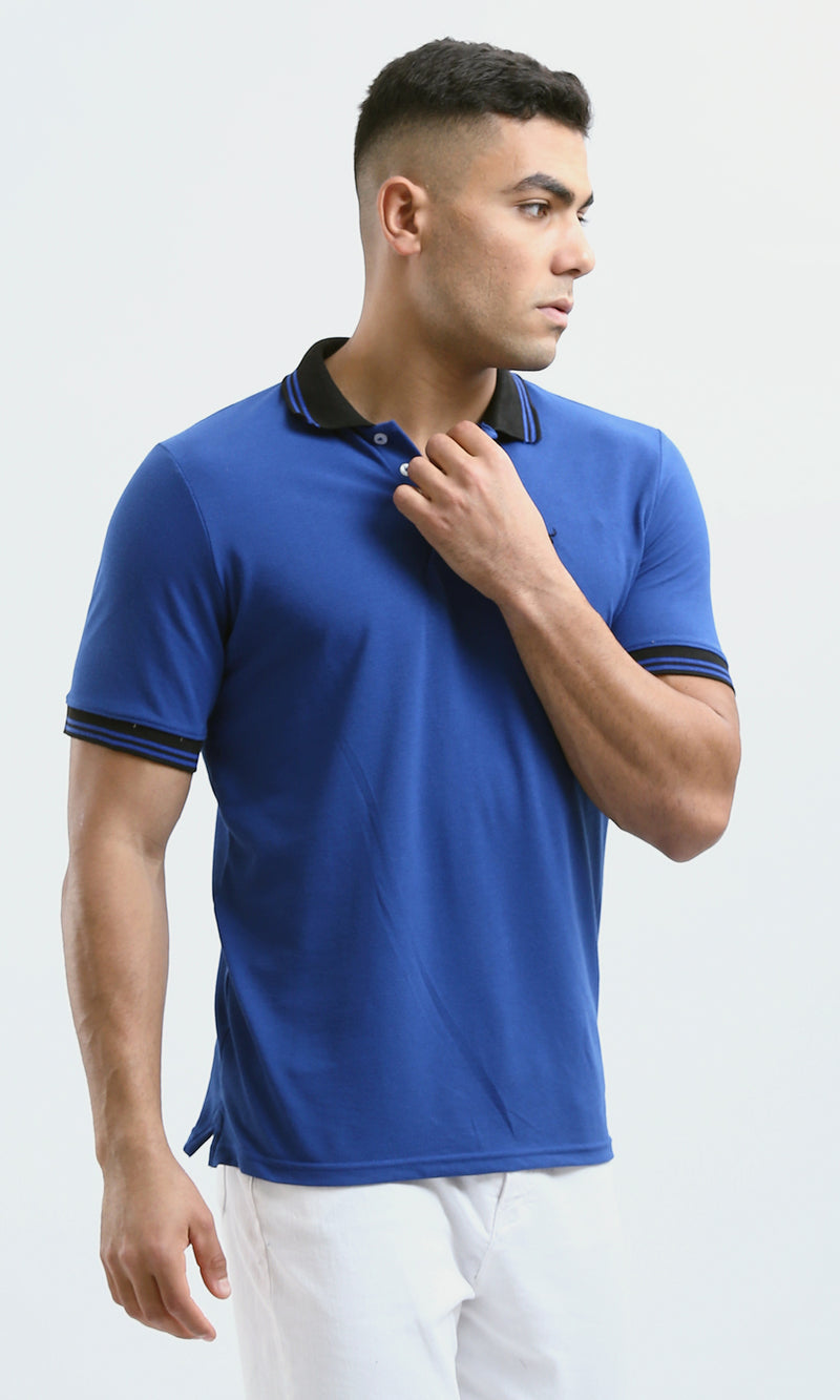 O180820 Buttoned Neck Dark Blue Casual Polo Shirt