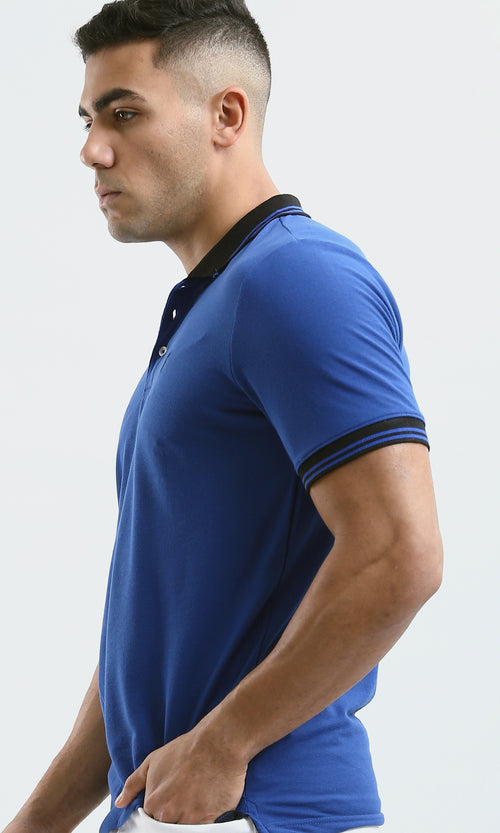 O180820 Buttoned Neck Dark Blue Casual Polo Shirt