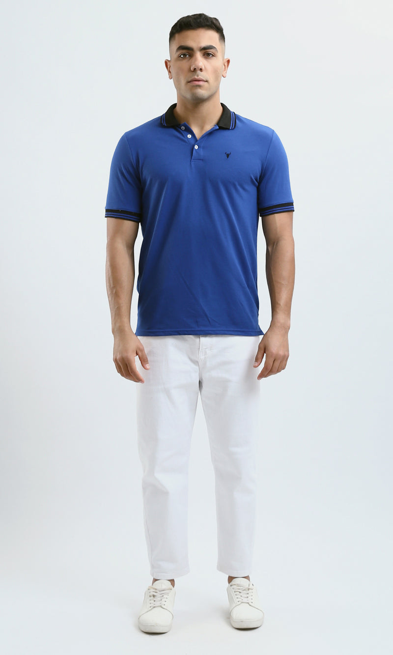O180820 Buttoned Neck Dark Blue Casual Polo Shirt