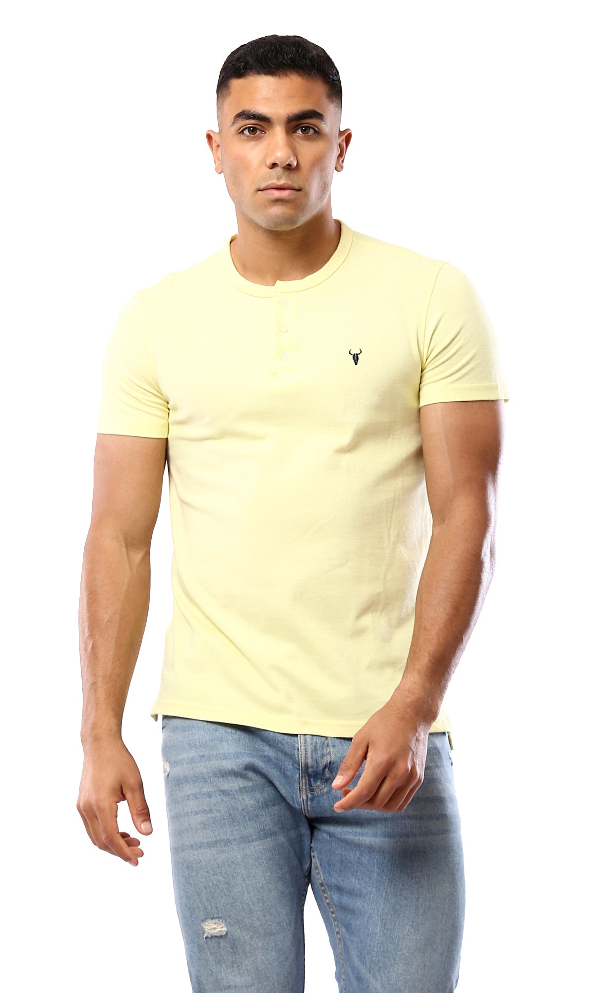 O180823 Light Yellow Regular Fit Solid Henley Shirt