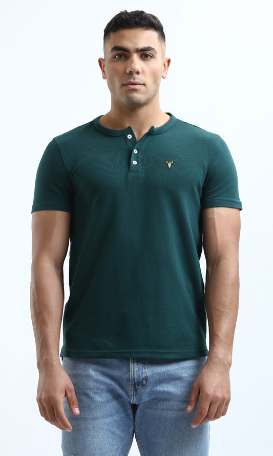 O180824 Regular Fit Solid Dark Green Henley Shirt