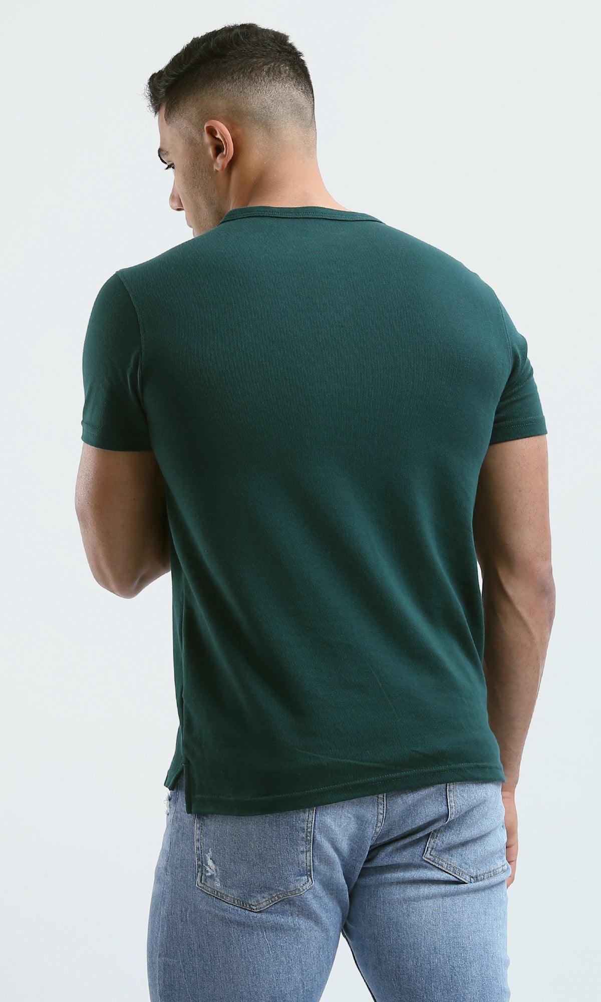 O180824 Regular Fit Solid Dark Green Henley Shirt
