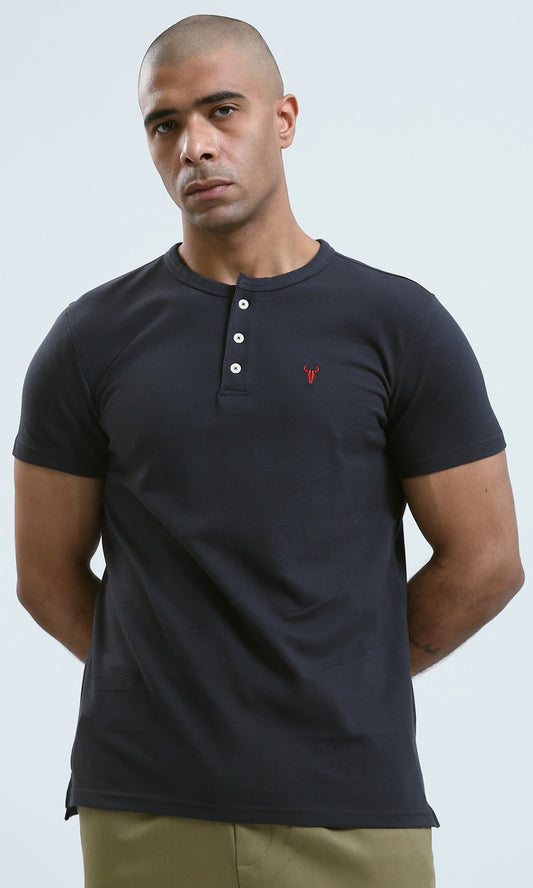 O180825 Solid Charcoal Grey Cotton Buttoned Henley Shirt