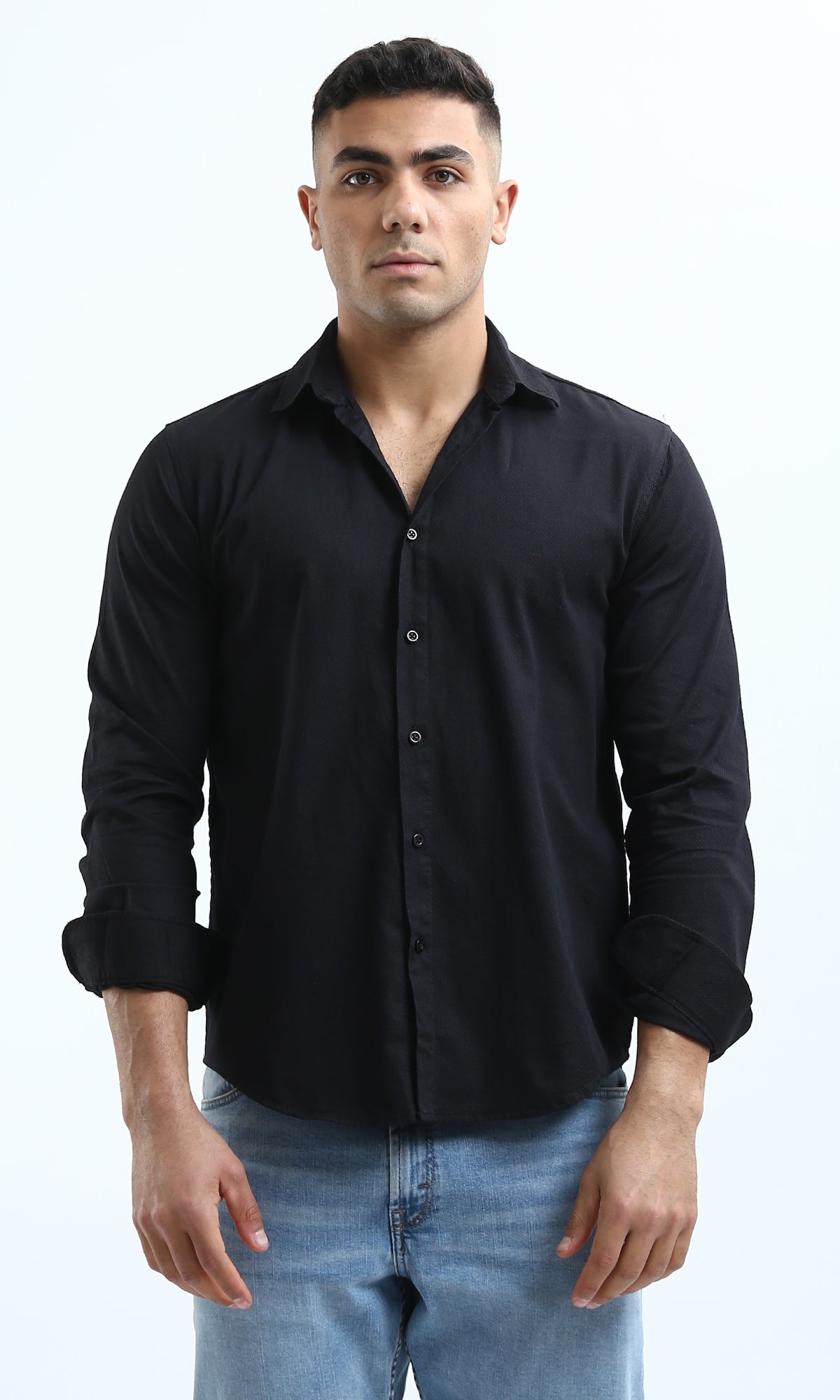 Sleek Midnight Black Textured Long Sleeve Shirt - O181014