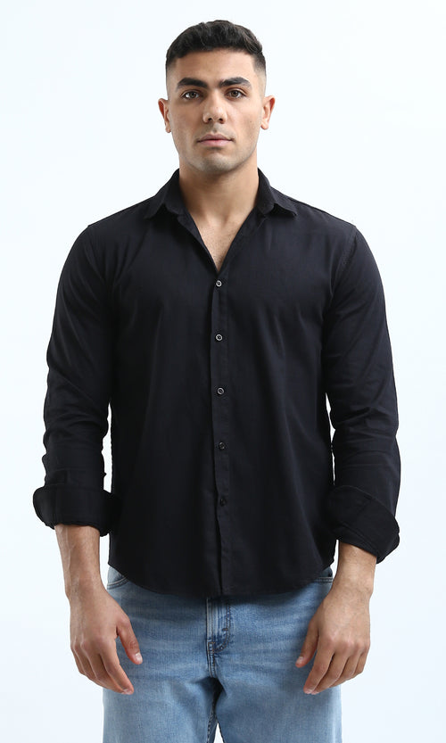 Sleek Midnight Black Textured Long Sleeve Shirt - O181014