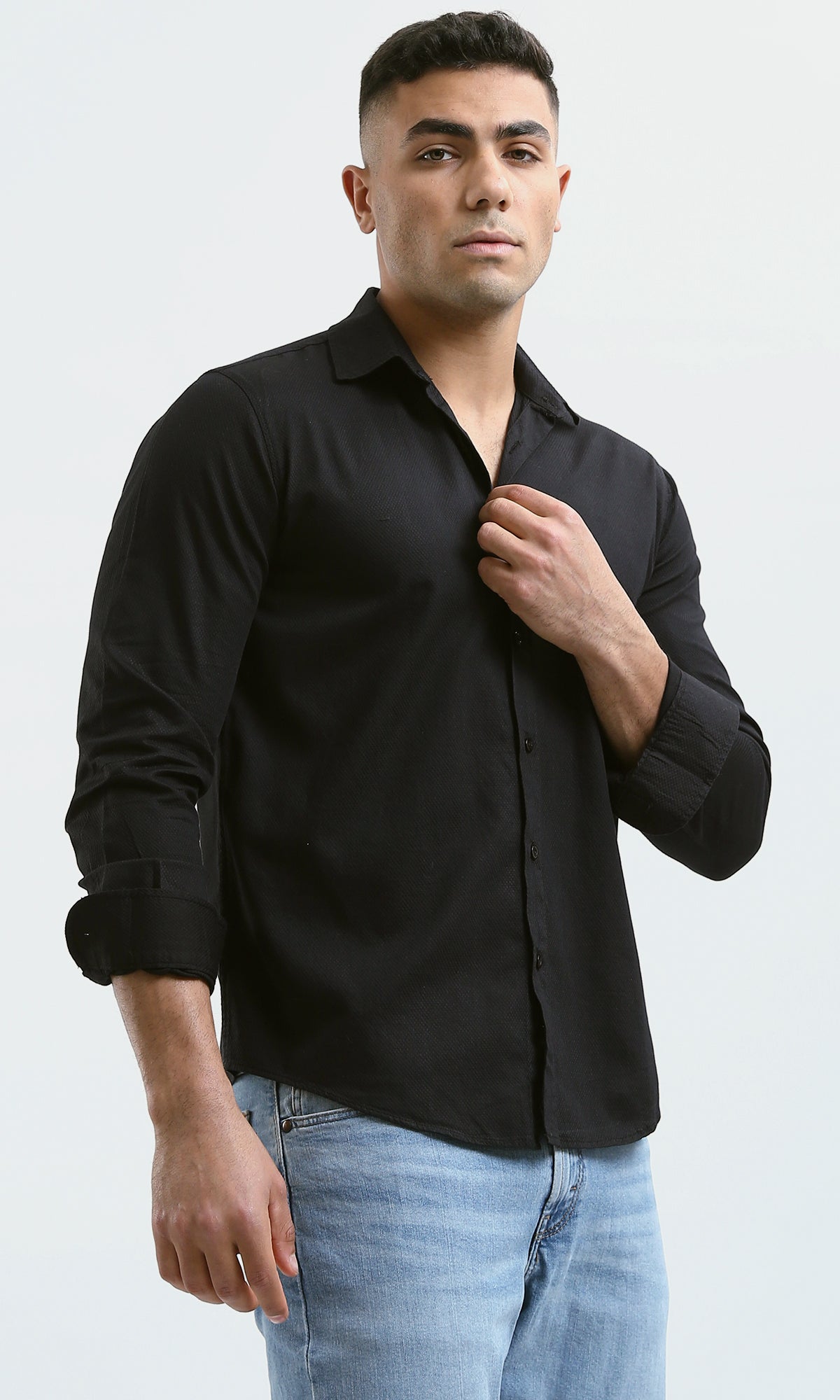 Sleek Midnight Black Textured Long Sleeve Shirt - O181014