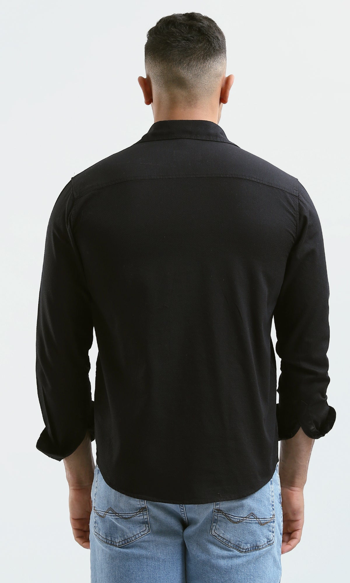 Sleek Midnight Black Textured Long Sleeve Shirt - O181014