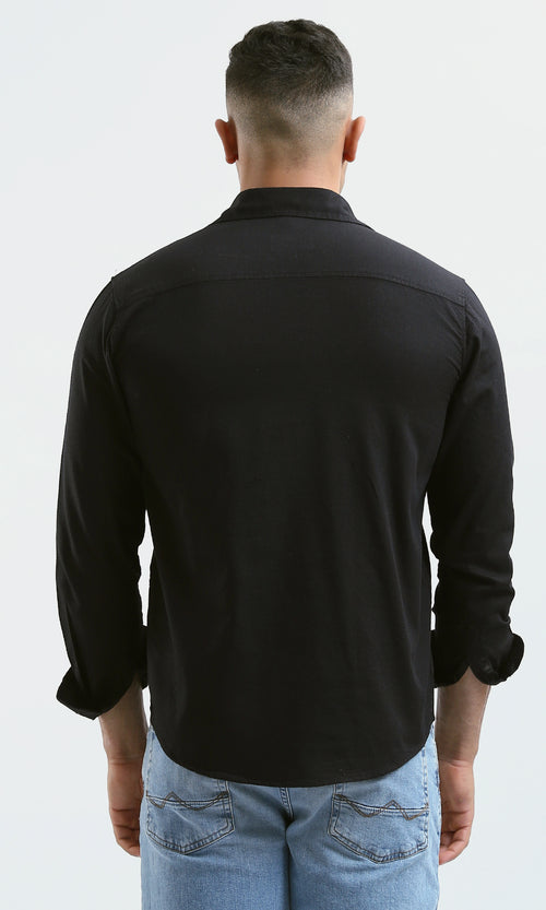 Sleek Midnight Black Textured Long Sleeve Shirt - O181014
