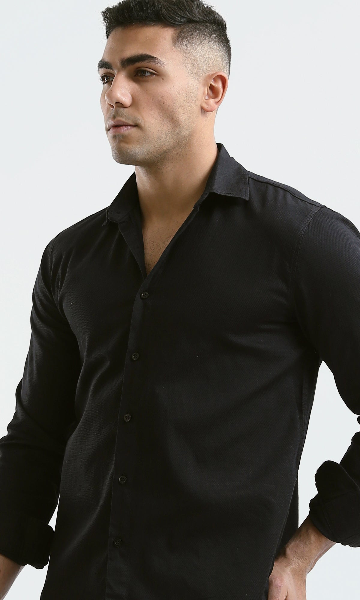 Sleek Midnight Black Textured Long Sleeve Shirt - O181014