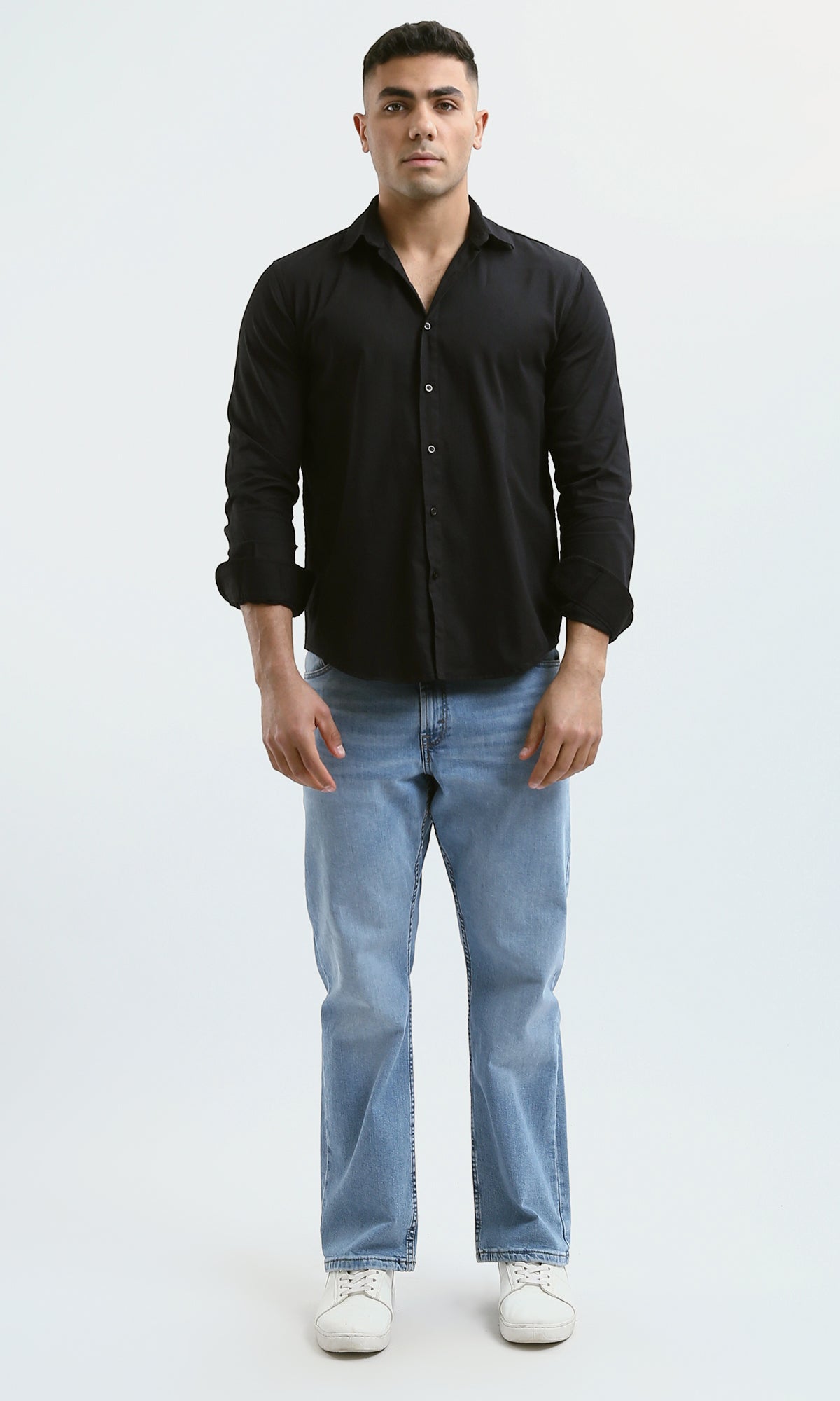 Sleek Midnight Black Textured Long Sleeve Shirt - O181014