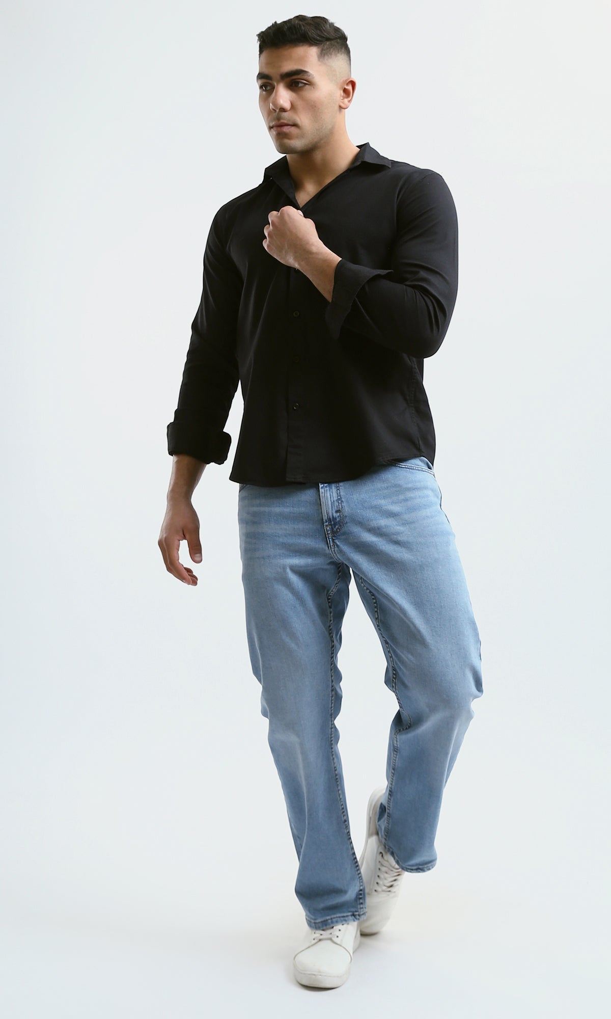 Sleek Midnight Black Textured Long Sleeve Shirt - O181014