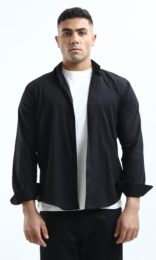 O181015 Solid Black Cotton Shirt With Buttoned Cuffs