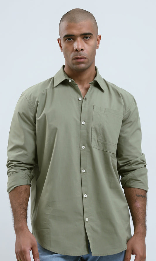 O181023 Solid Olive Cotton Shirt With Buttoned Cuffs
