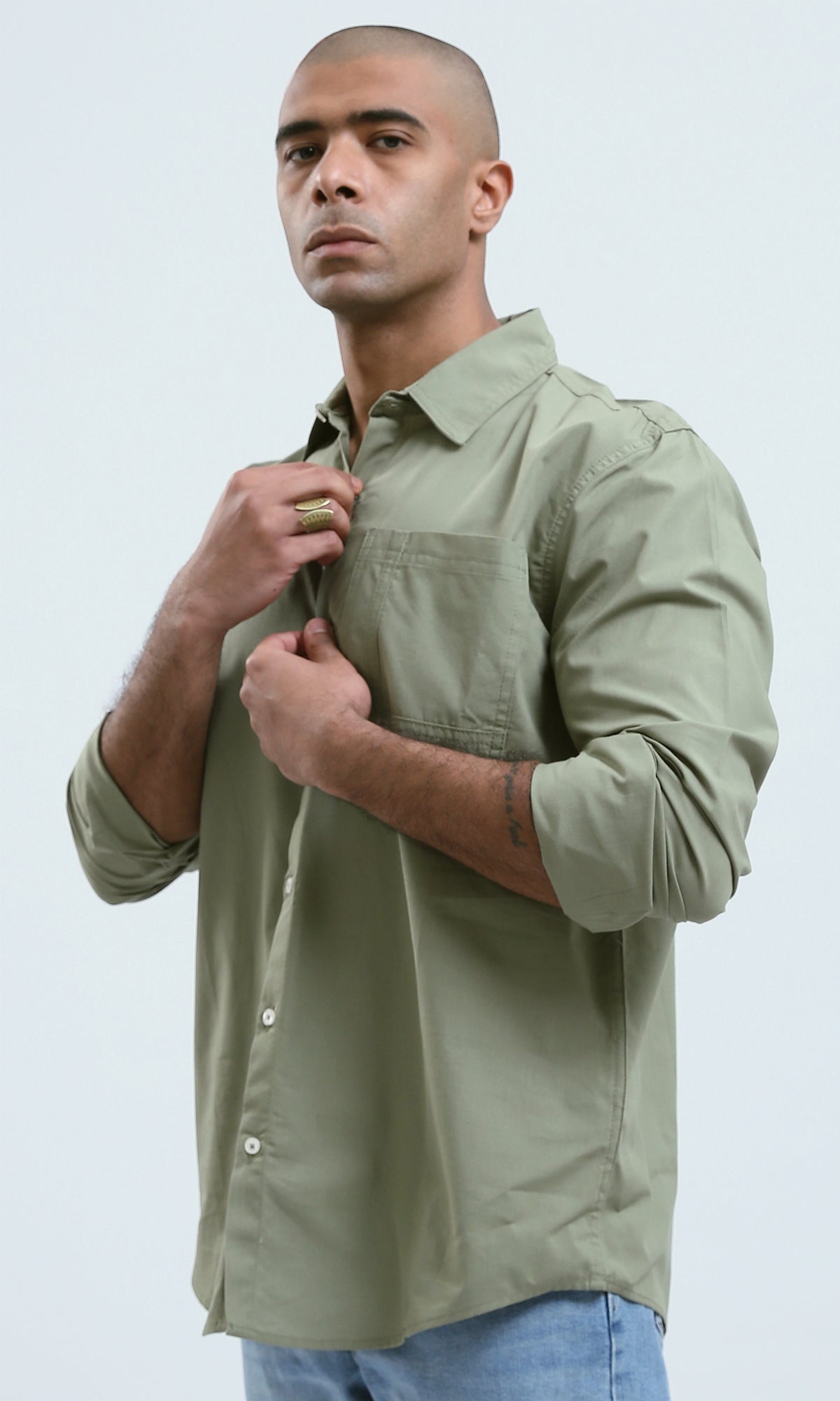 O181023 Solid Olive Cotton Shirt With Buttoned Cuffs