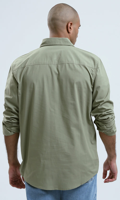 O181023 - Solid Olive Cotton Shirt with Buttoned Cuffs