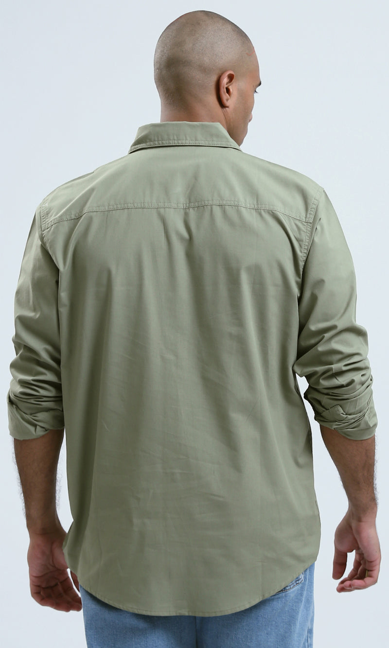 O181023 - Solid Olive Cotton Shirt with Buttoned Cuffs