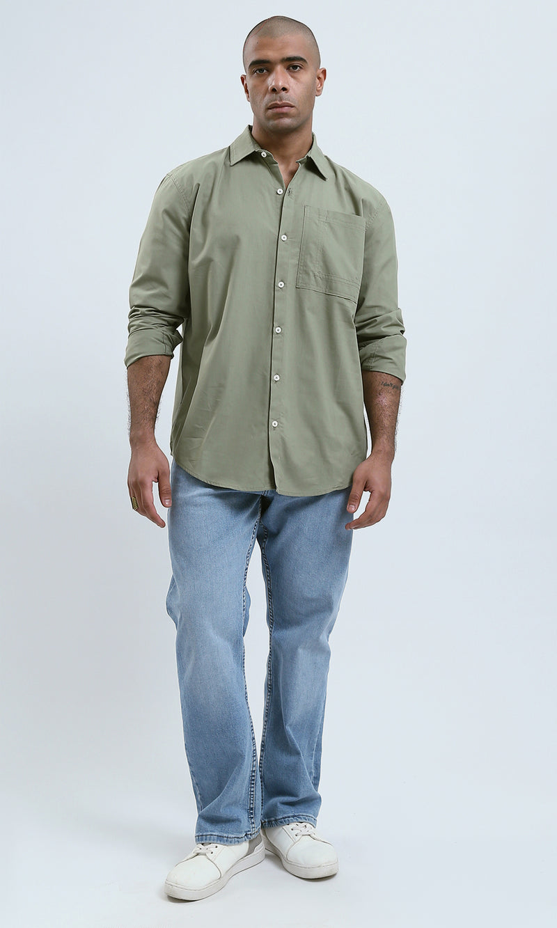 O181023 - Solid Olive Cotton Shirt with Buttoned Cuffs