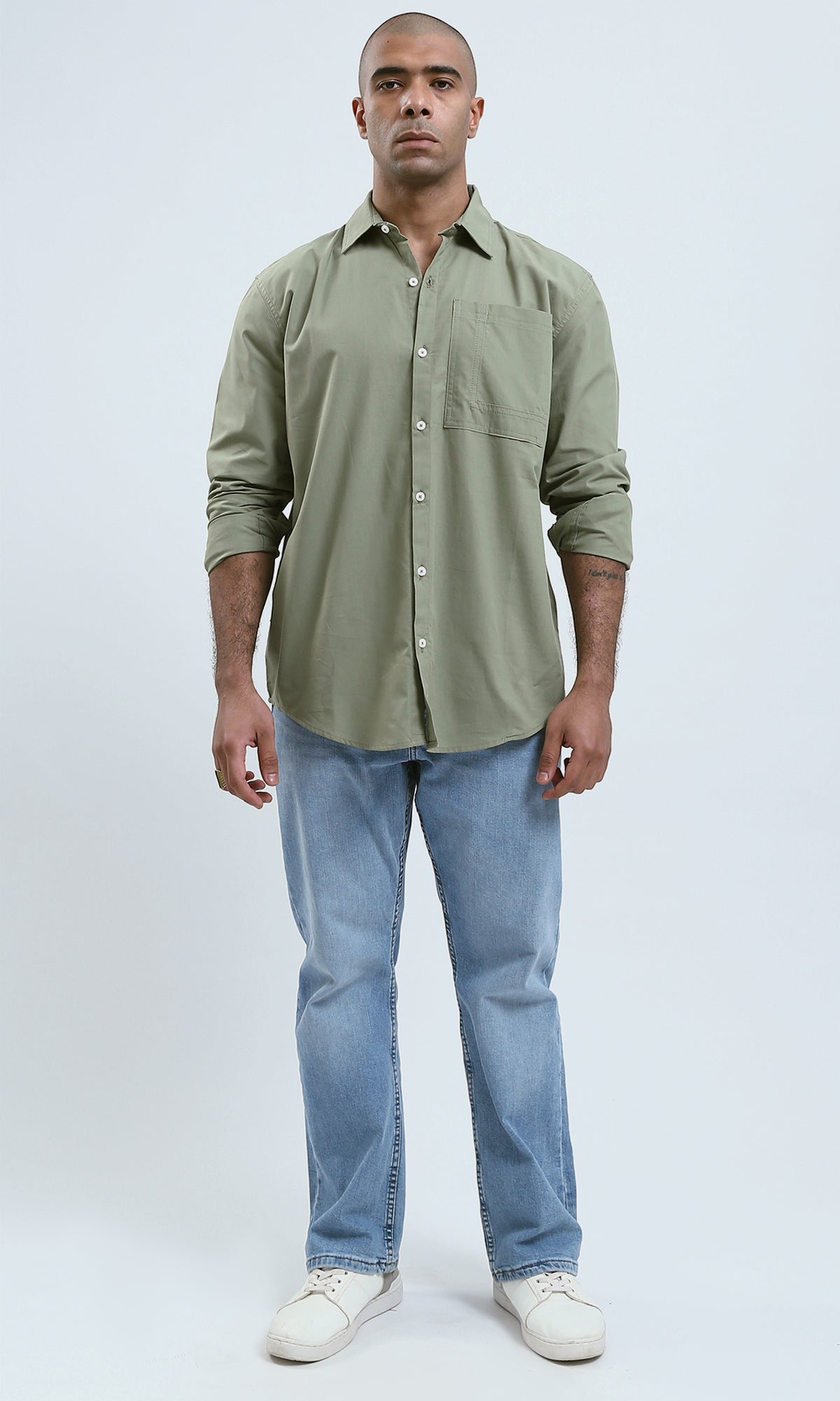 O181023 Solid Olive Cotton Shirt With Buttoned Cuffs