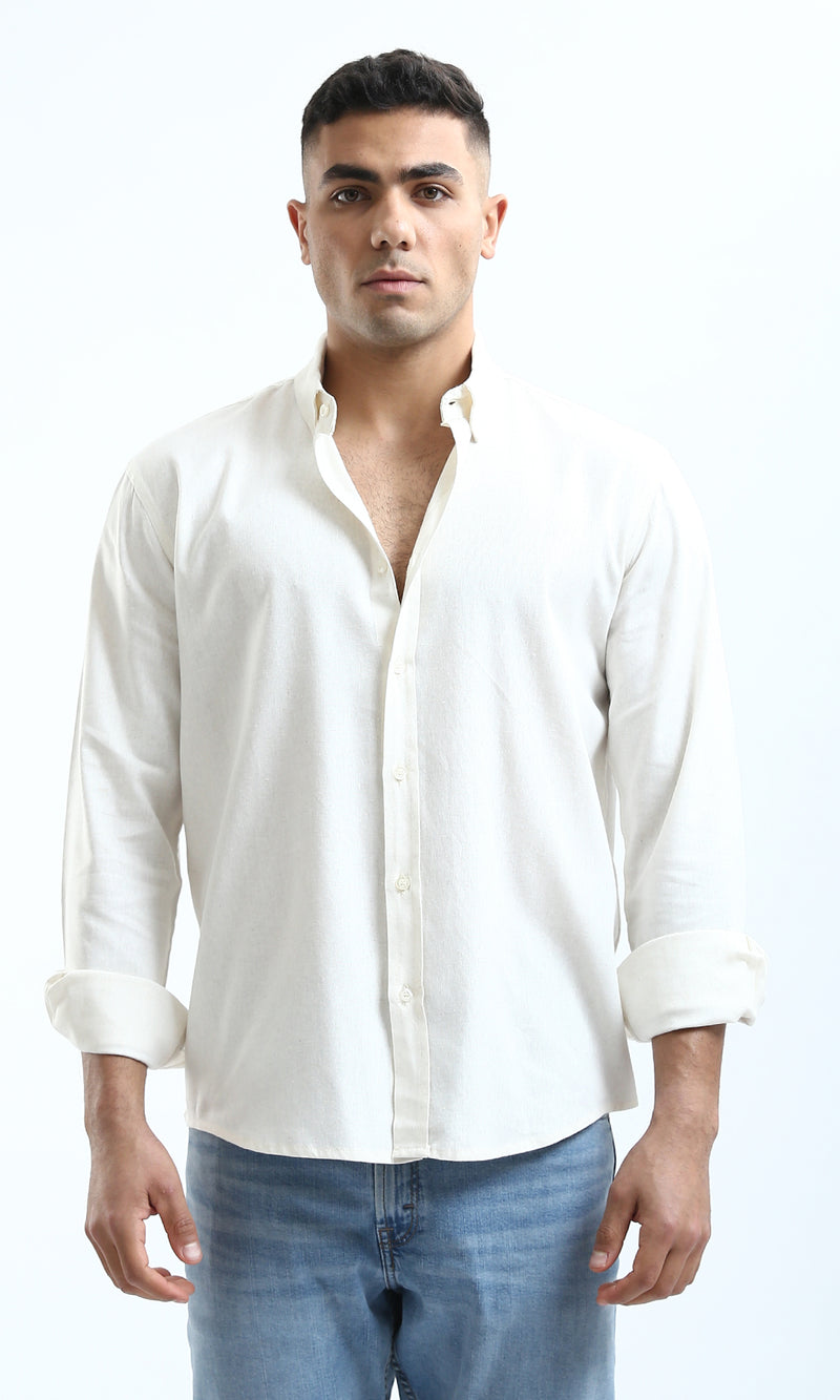 O181033 Turn Down Collar Solid Ivory Shirt