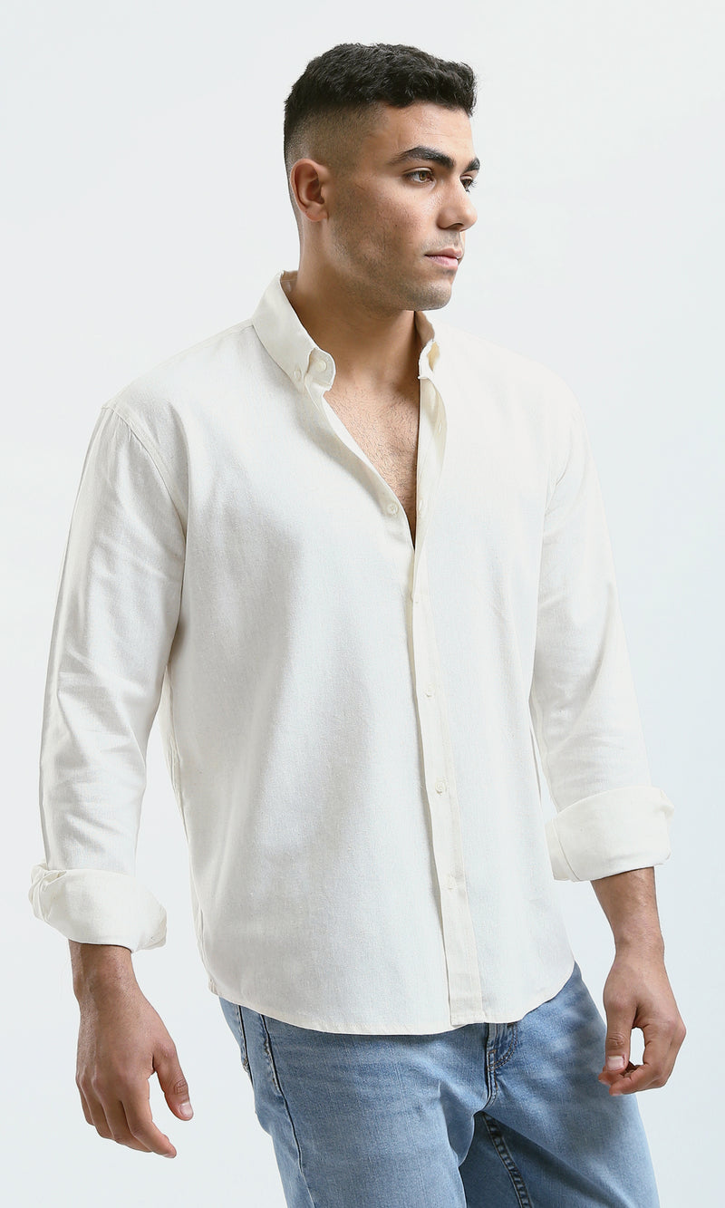 O181033 Turn Down Collar Solid Ivory Shirt