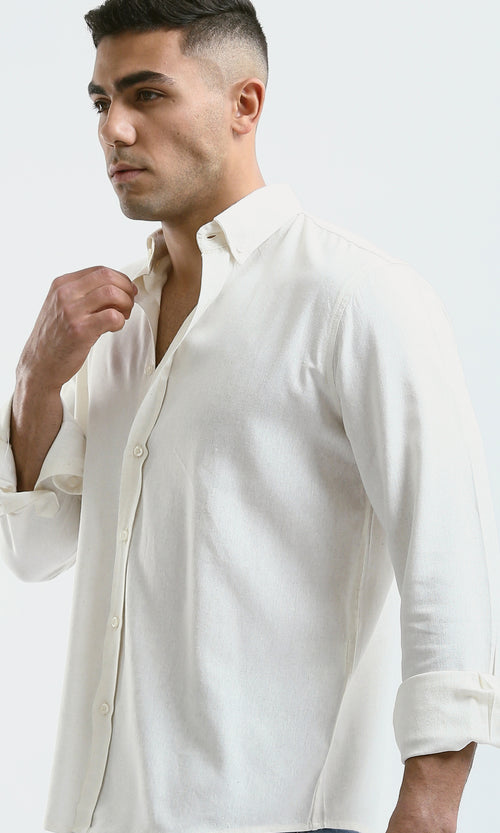 O181033 Turn Down Collar Solid Ivory Shirt