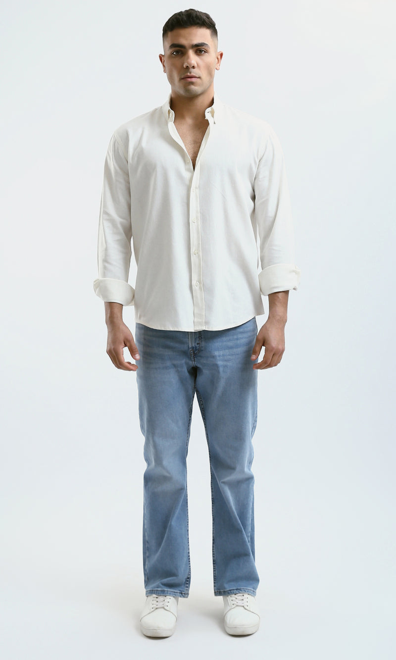 O181033 Turn Down Collar Solid Ivory Shirt