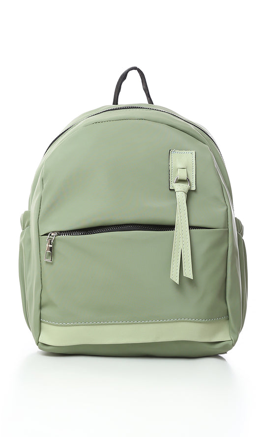 O181038 Solid Zipped Backpack With Outer Pocket - Olive