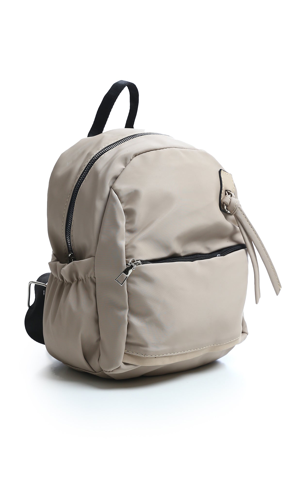 O181040 Solid Zipped Backpack With Outer Pocket - Beige