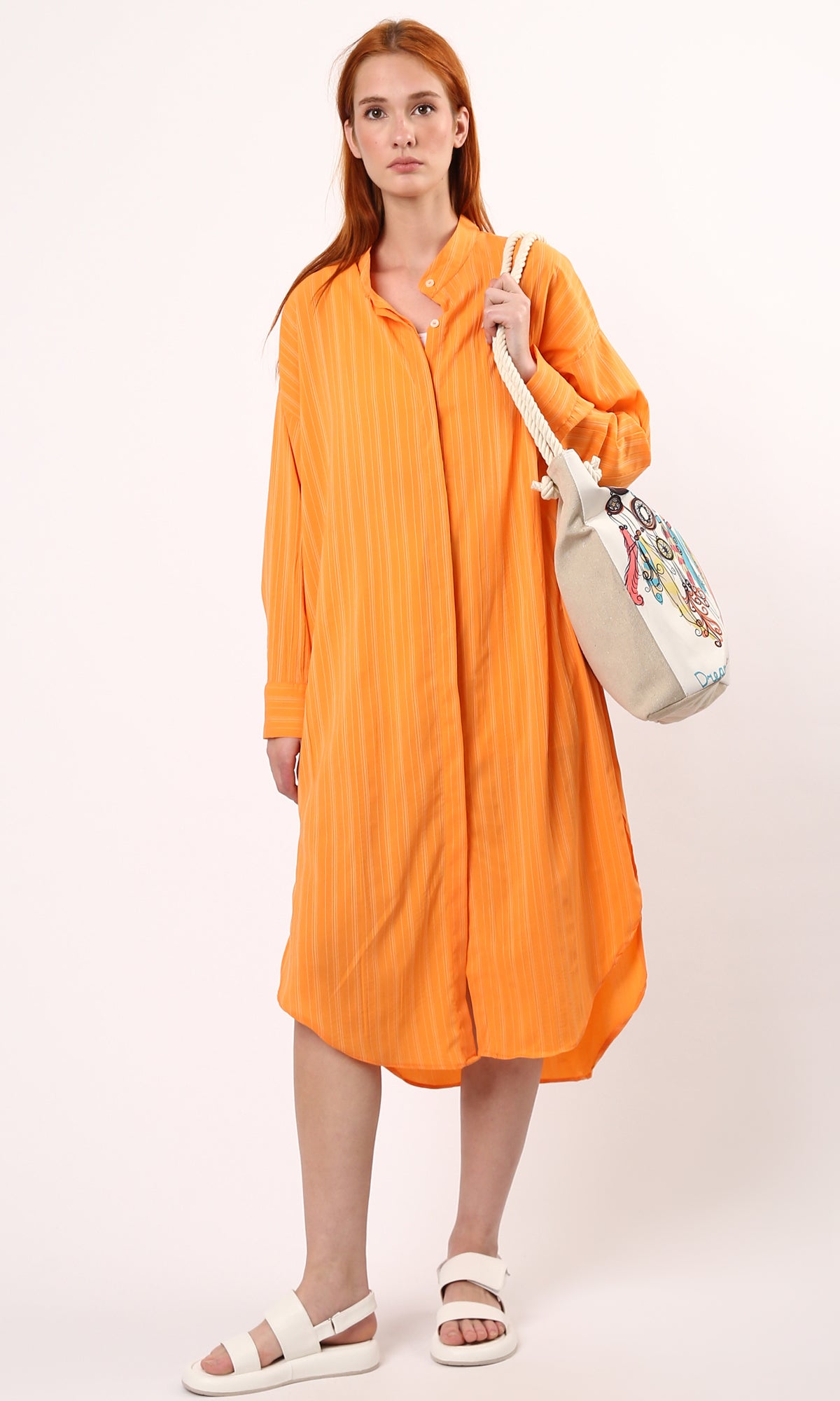 O181627 Orange Long Sleeves Striped Shirt Dress