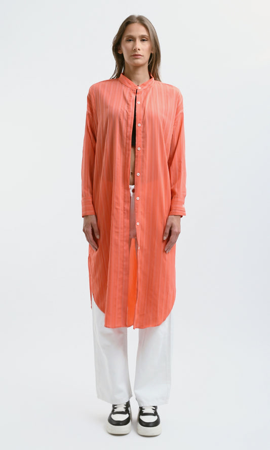 O181628 Mandarin Collar Shirt Dress With Long Sleeves - Coral Orange