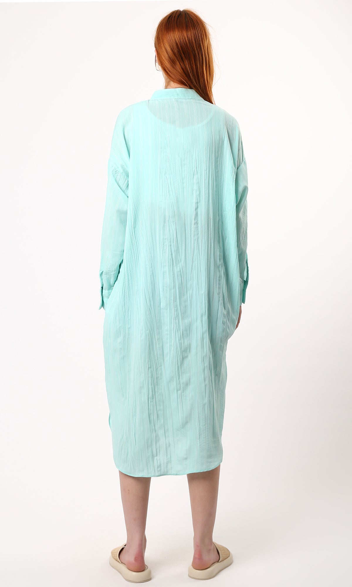 O181629 Long Sleeves Aqua Striped Summer Shirt Dress