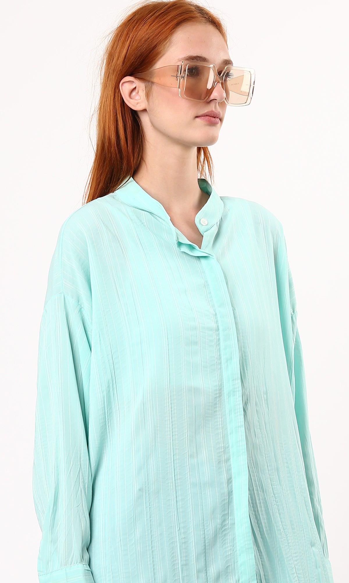 O181629 Long Sleeves Aqua Striped Summer Shirt Dress