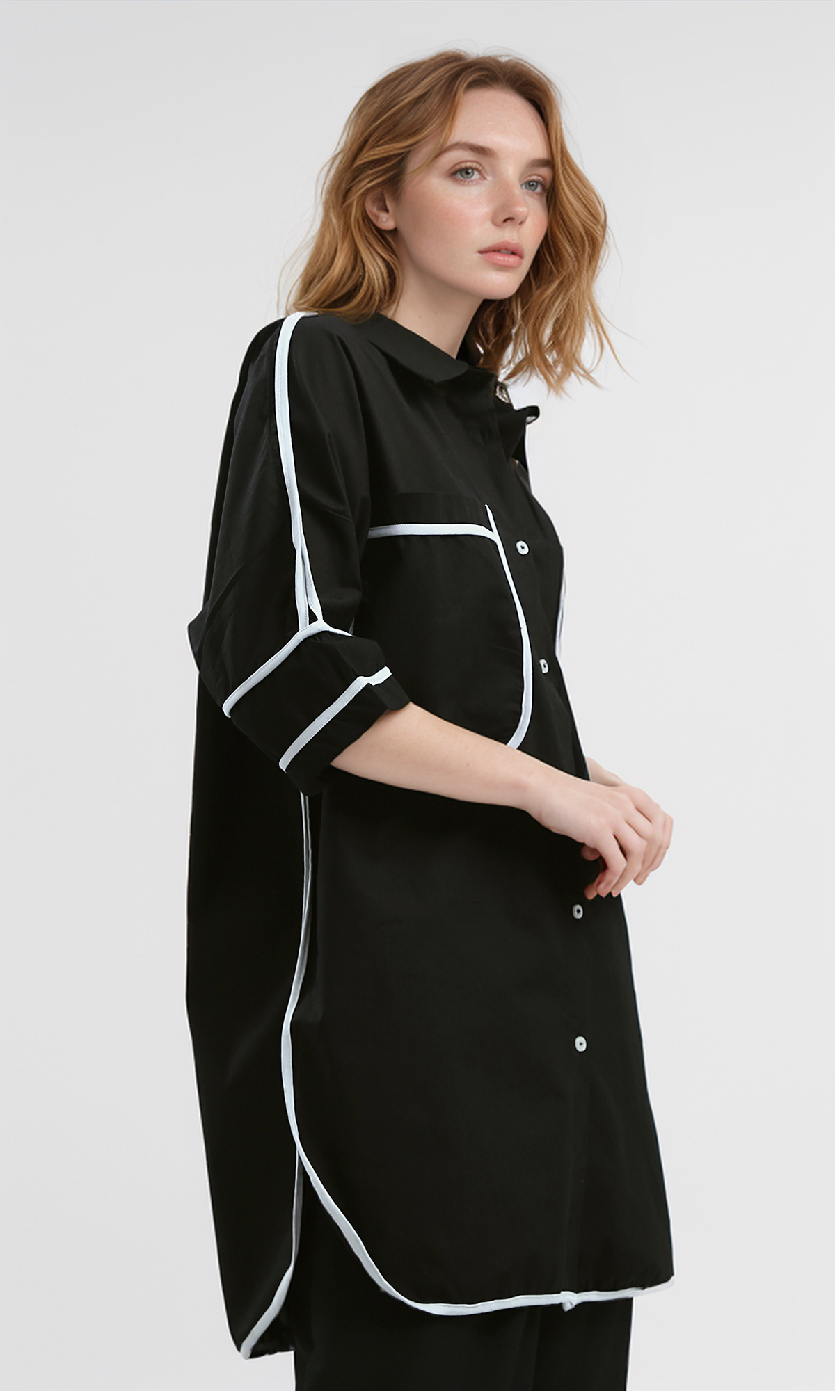 O181631 Black Summer Elbow Sleeve Shirt With Pockets